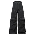 Black denim work trousers with multiple pockets and pleated front design on mid-waist fit