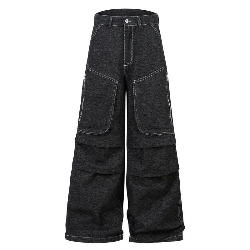 Black denim work trousers with multiple pockets and pleated front design on mid-waist fit