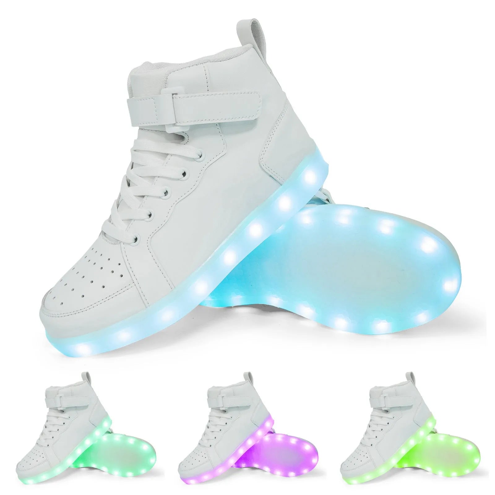 LED light-up high-top board shoes with charging port and Velcro closure in multiple colours