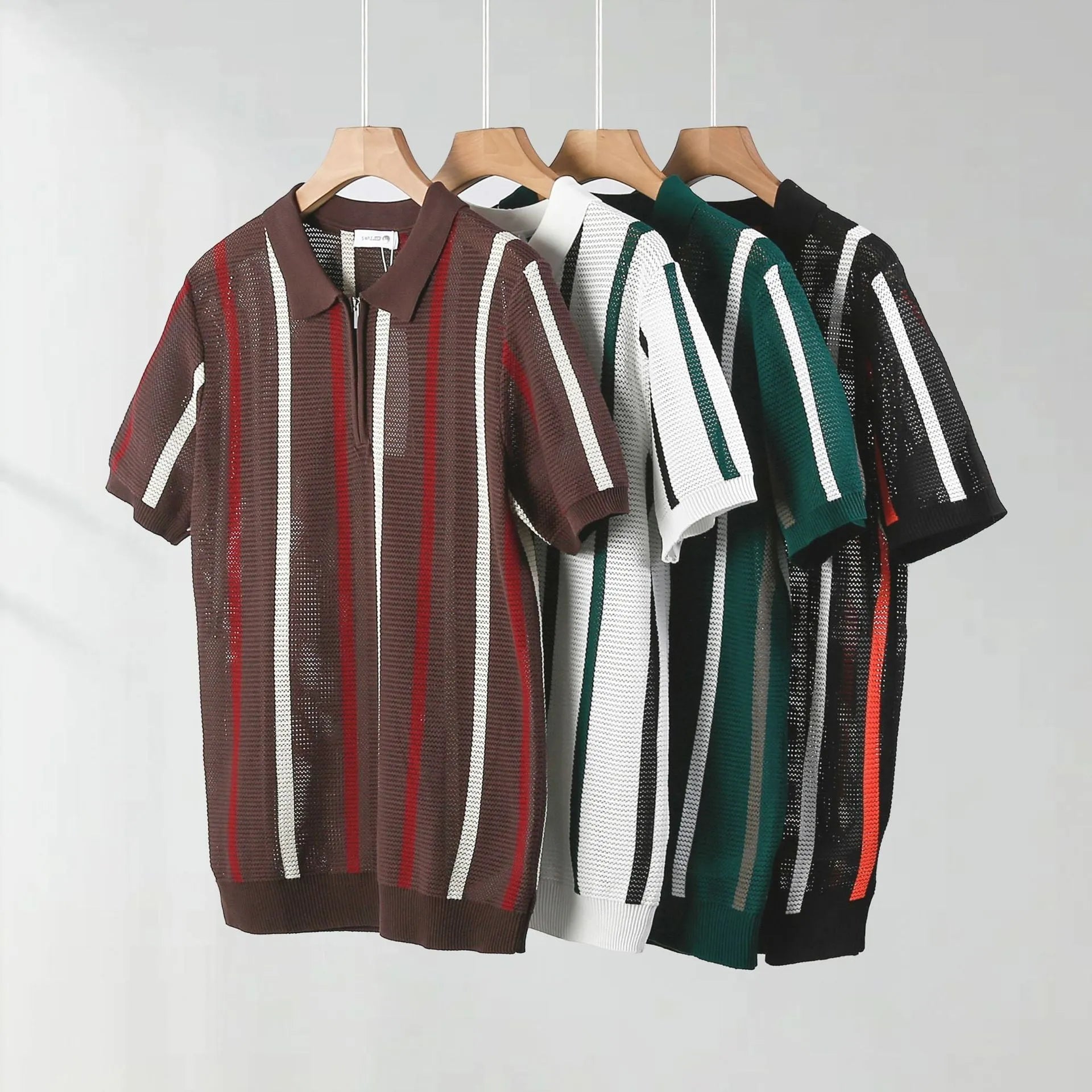 Short-sleeved polo shirt in hollow mesh ice silk fabric with decorative zipper detailing