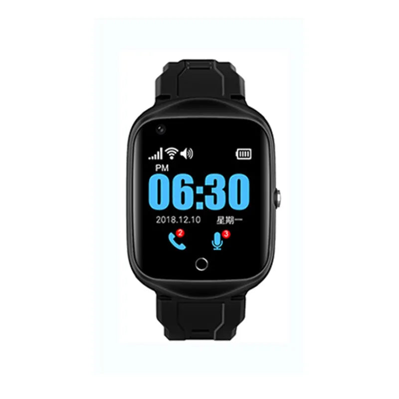 Elderly safety watch with square screen and silicone strap showing black, blue, and silver colour options