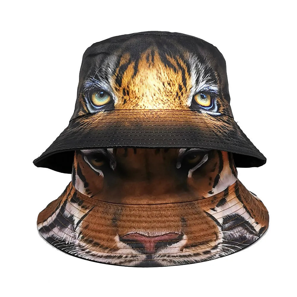 Tiger print polyester bucket hat with dome crown shape for outdoor sun protection