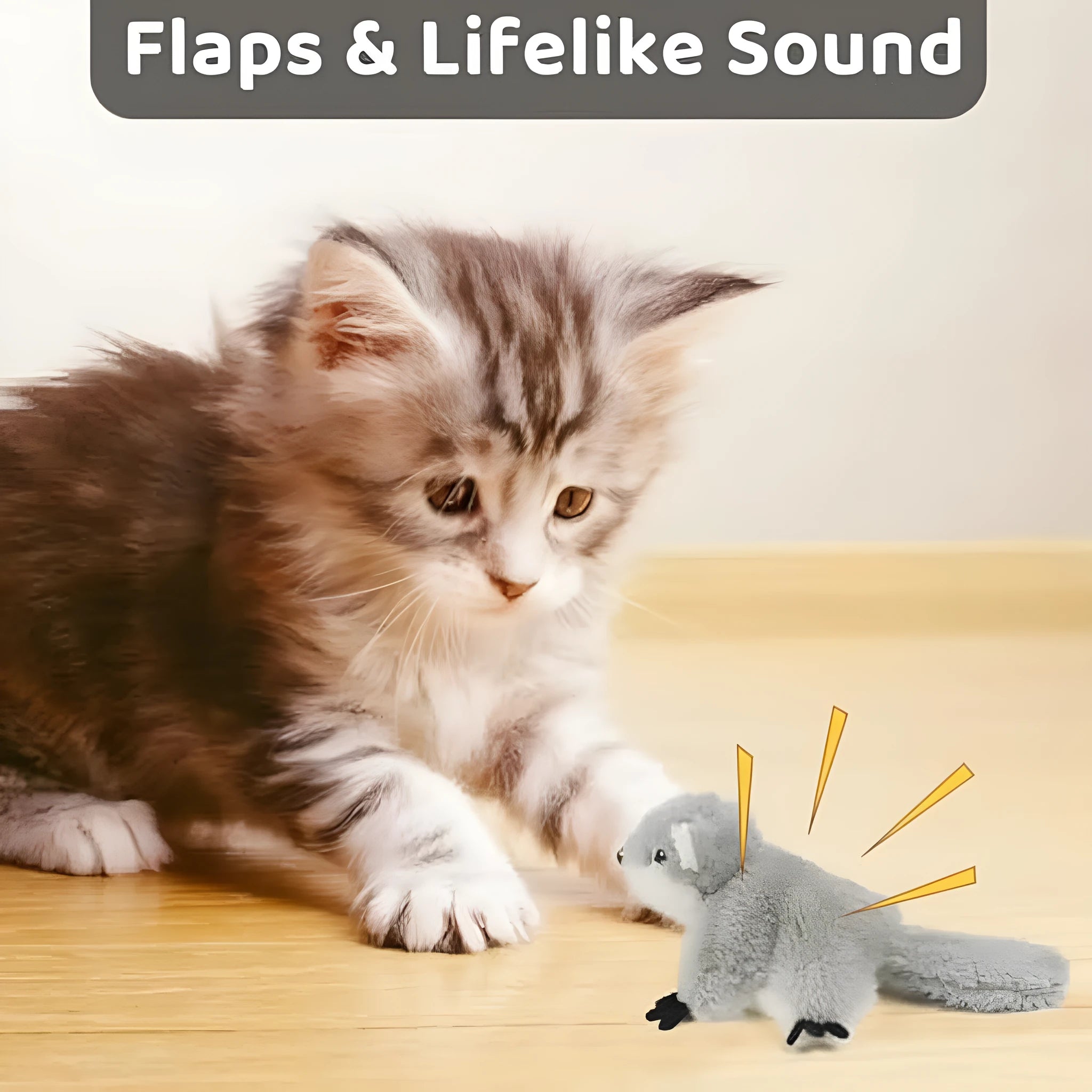 Gray flapping squirrel cat toy with USB charging cable for interactive feline play
