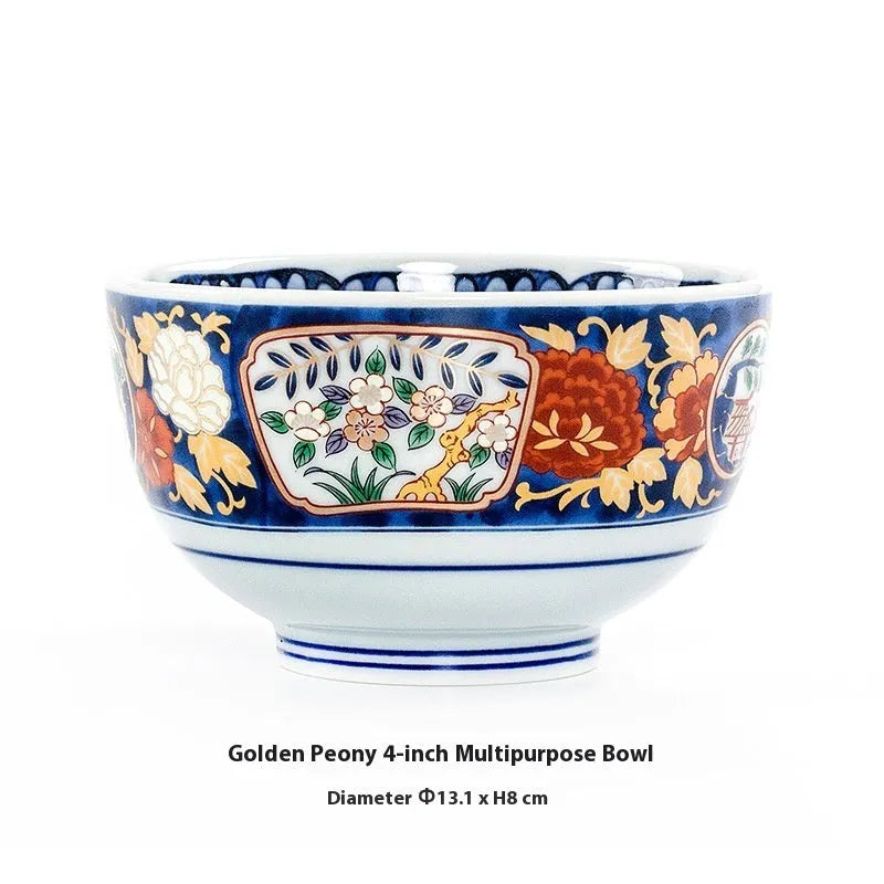 Japanese style ceramic bowl with retro peony pattern and underglaze surface finish