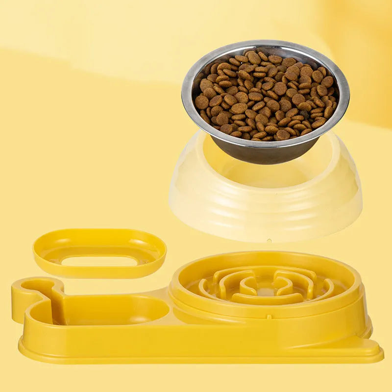 Elevated cat food bowl with automatic water dispenser in brown colour