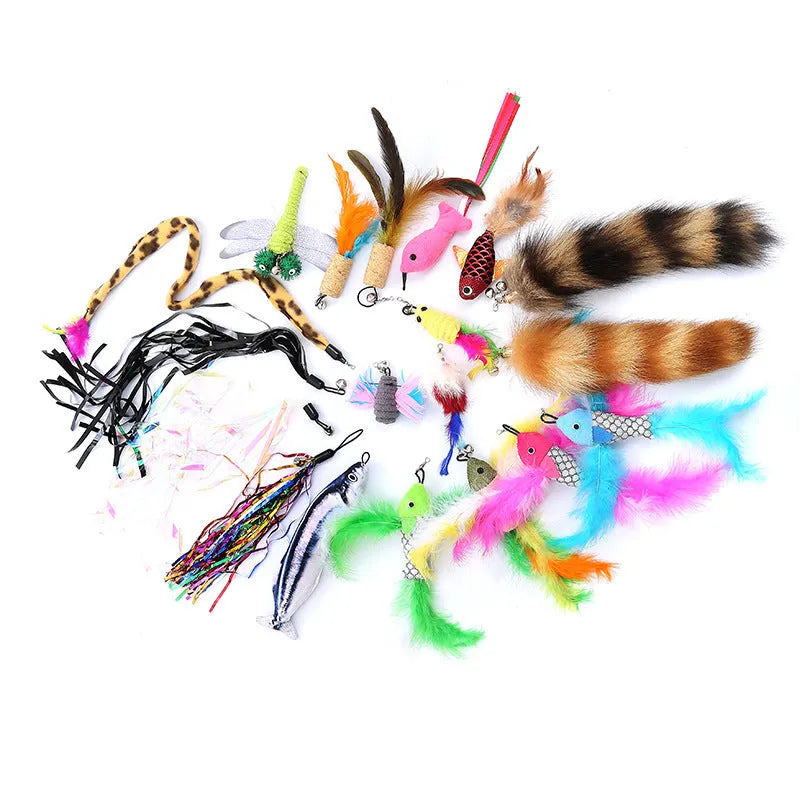 Cat teasing rod set with extendable wand and feather replacement heads