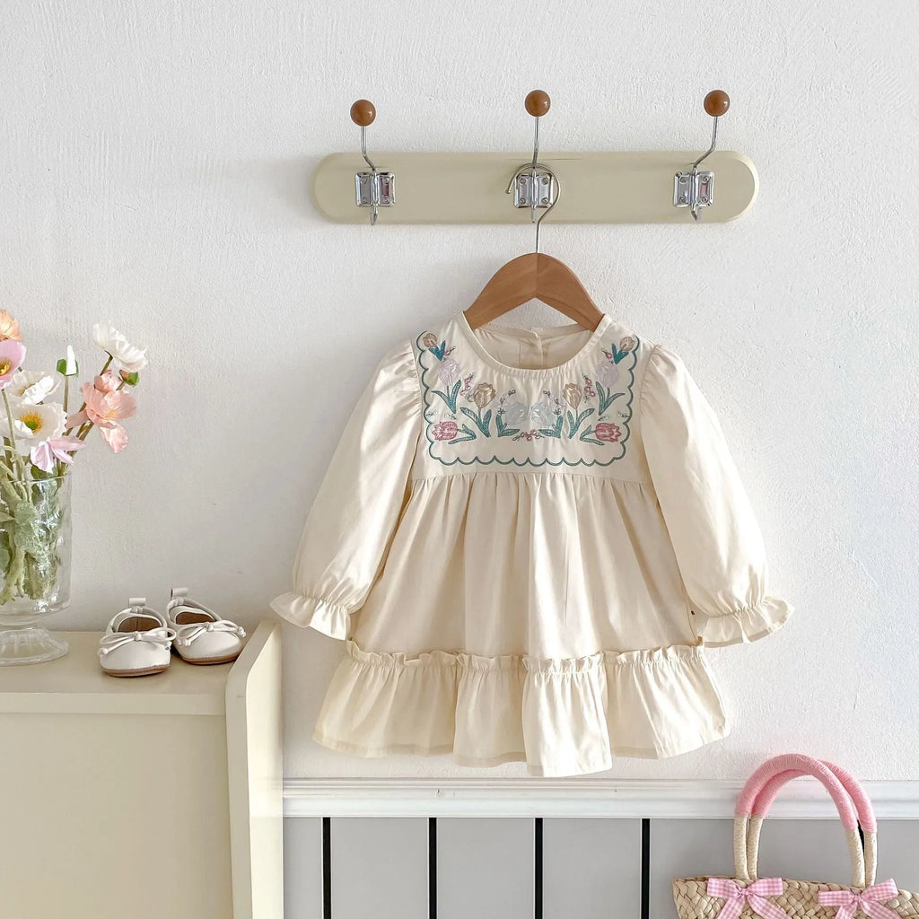 Girls' apricot cotton ruffled flower embroidered long sleeve princess dress for spring autumn parties