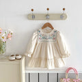 Girls' apricot cotton ruffled flower embroidered long sleeve princess dress for spring autumn parties