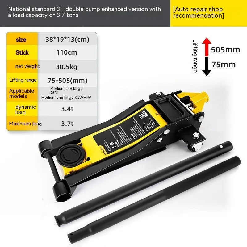 Horizontal hydraulic car jack with handle and compression member for low-profile vehicle tyre changes
