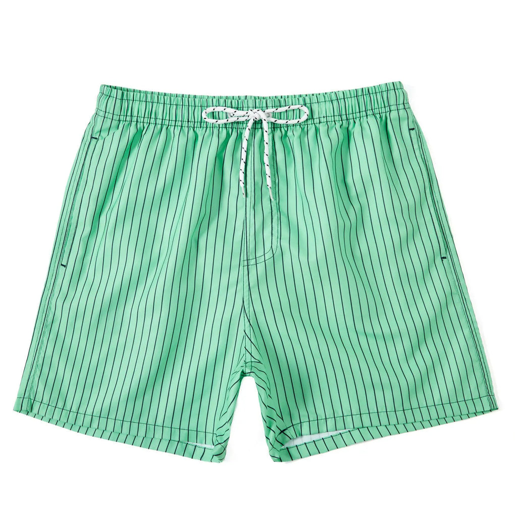 Polyester fibre beach shorts with digital printed striped triangle lining in straight leg style