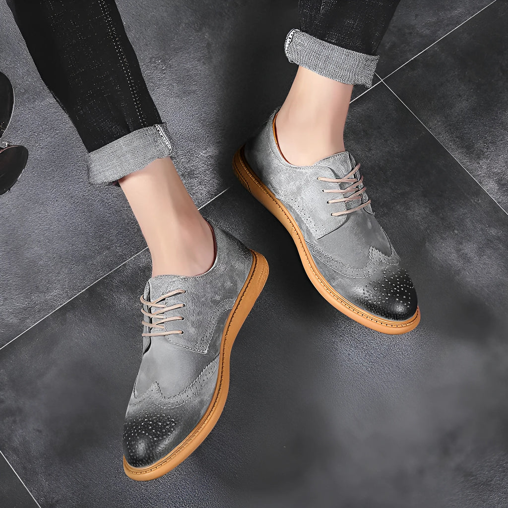 Men's grey genuine leather low-top business shoes with lace-up design and rubber soles