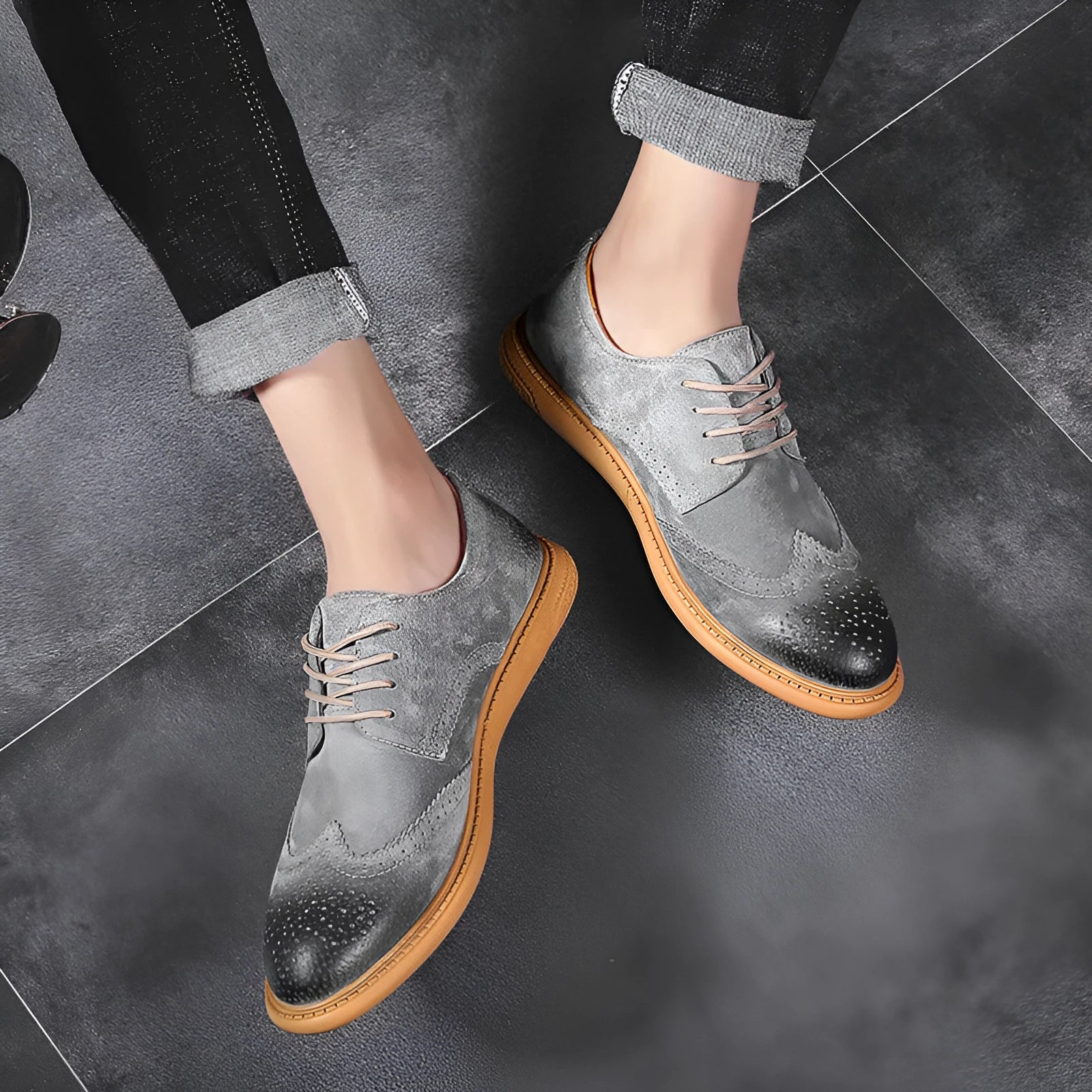 Men's grey genuine leather low-top business shoes with lace-up design and rubber soles