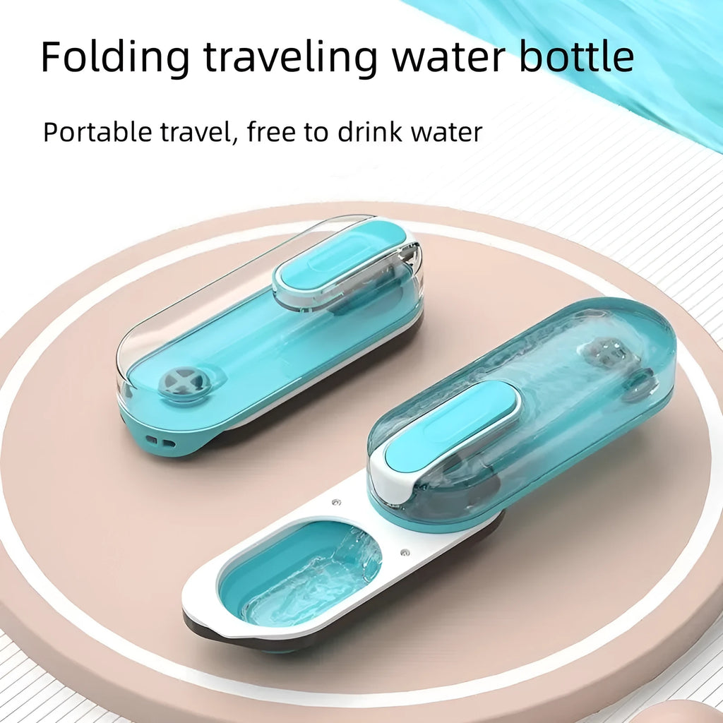 Blue portable dog water bottle with foldable silicone drinking bowl attached, showing integrated carry handle