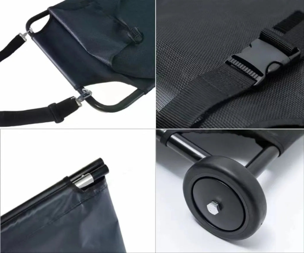 Large black foldable aluminium alloy pet stretcher for dogs laid flat.