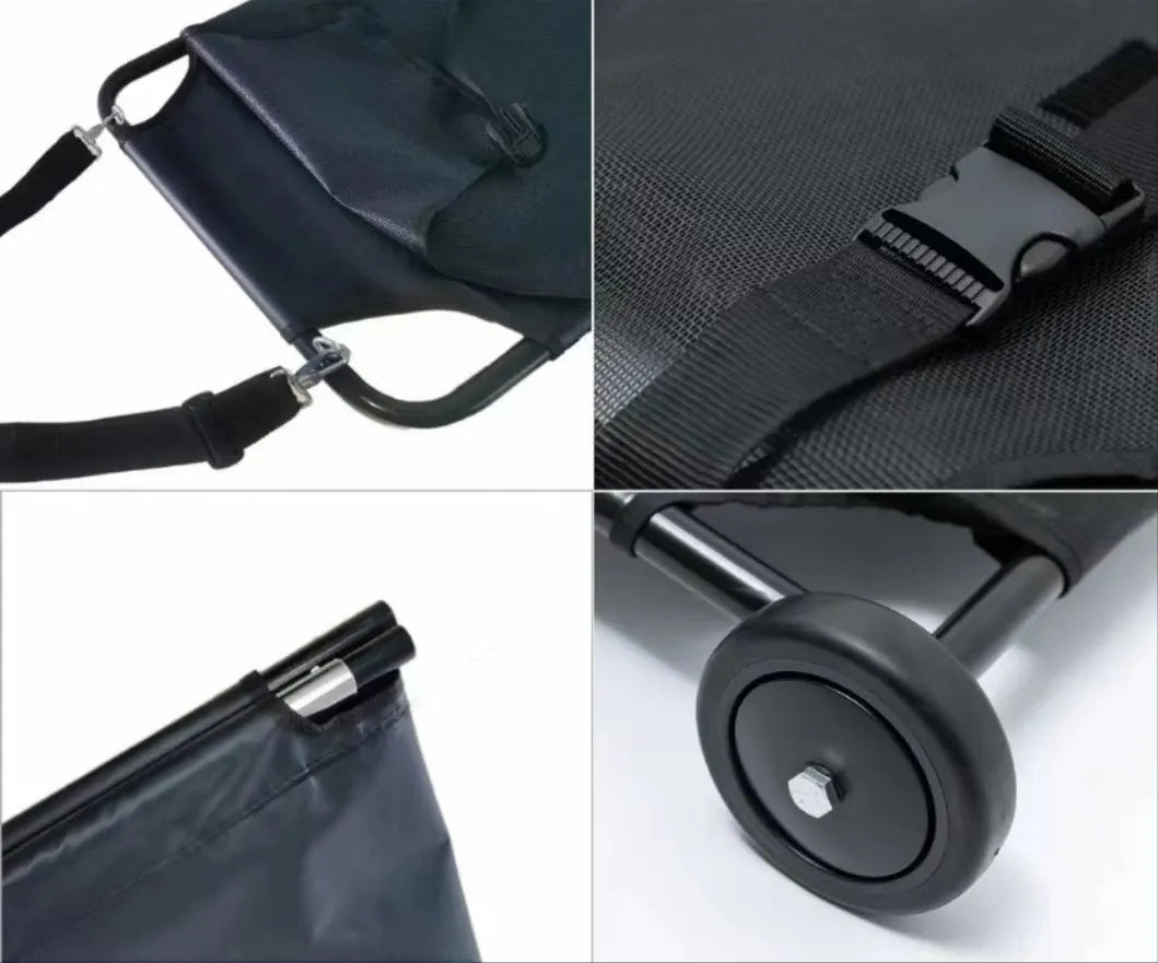 Large black foldable aluminium alloy pet stretcher for dogs laid flat.