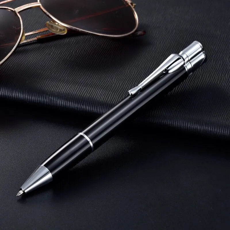Silver metal windproof jet pen lighter with a blue flame, showing its slim 170mm design.