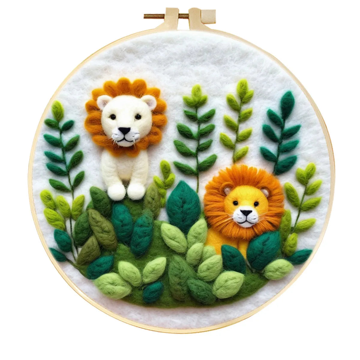 Round linen embroidery kit with wool felt pieces for 3D flowers and leaves, includes a free frame.
