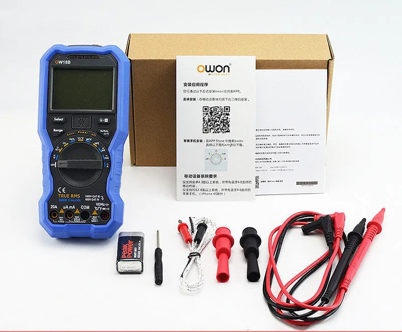 OW16B handheld digital multimeter with display, dial, and test leads for electrical measurement.