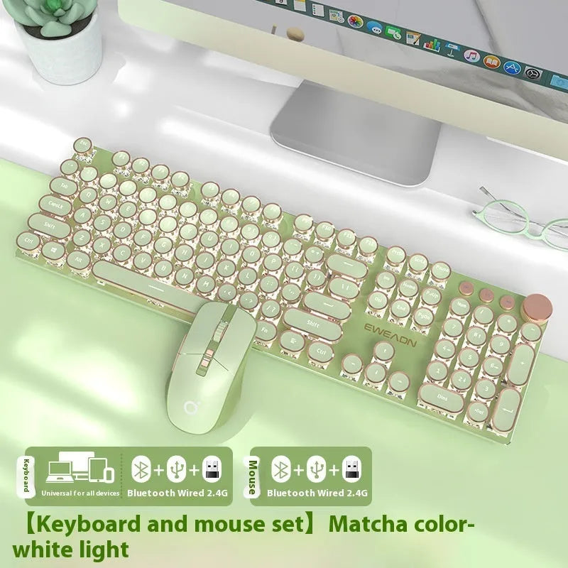 Matcha green mechanical gaming keyboard with white backlighting, aluminium panel, and multifunction knob on desk