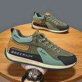 Men's green and grey low-top mesh running shoes with round toe and lace-up front.