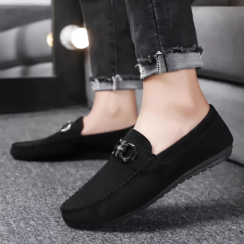 Men's black and grey suede casual shoes with rubber sole on a white background