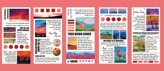 Paper sticker pack showing landscape painting designs with 60x120mm dimensions and eight colour variations