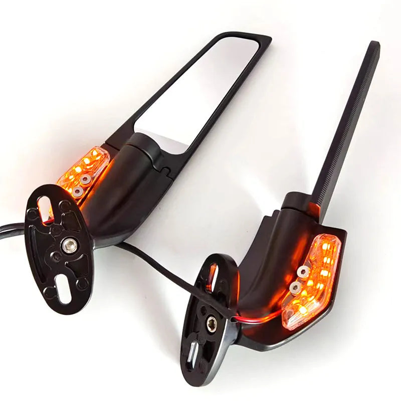 Pair of spoiler-shaped motorcycle rearview mirrors with yellow LED lights and convex lenses.