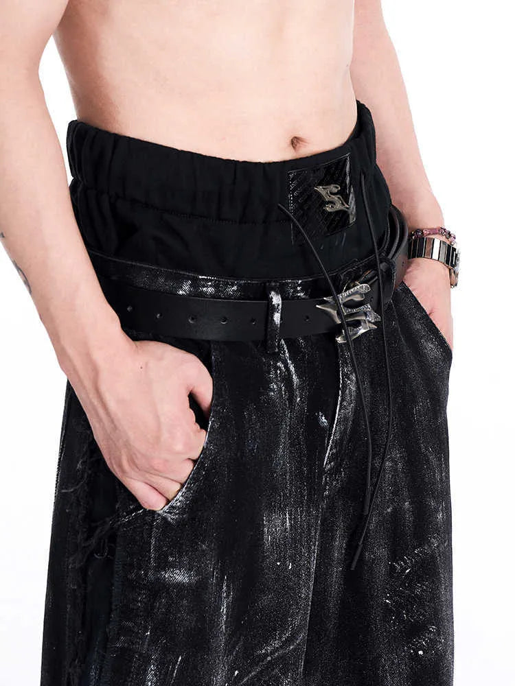 Black men's leather belt with metal letter on two-layer cowhide measuring 110cm