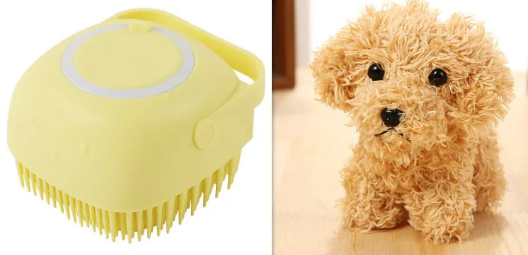 Blue silicone dog bath brush with handle for pet washing and massage during grooming