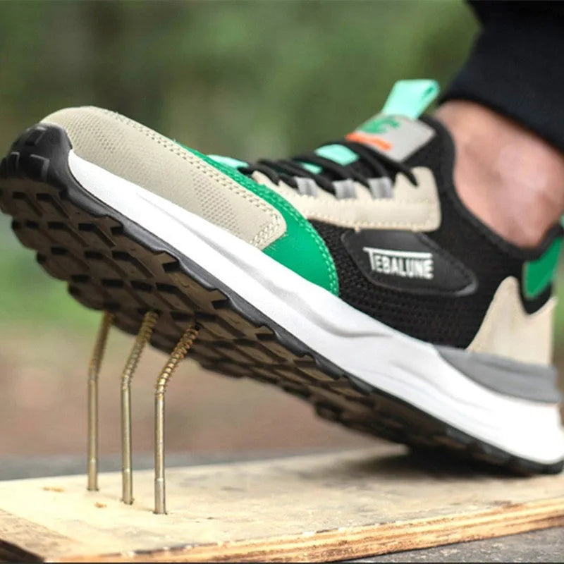 Black and green low-top safety shoe with mesh upper and plastic steel toe cap on a white background.