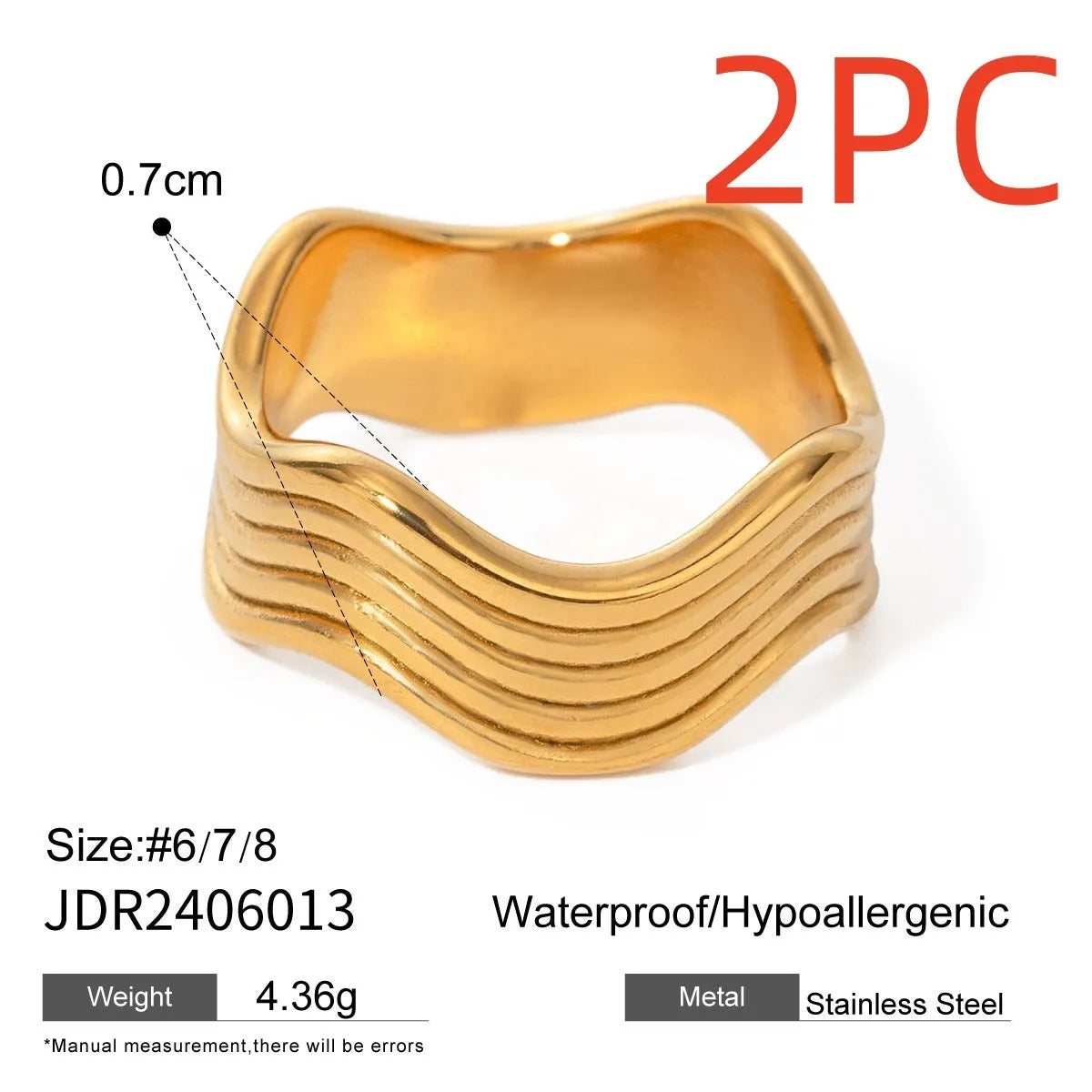 Stainless steel wide band ring with a geometric wave pattern design in an electroplated finish.