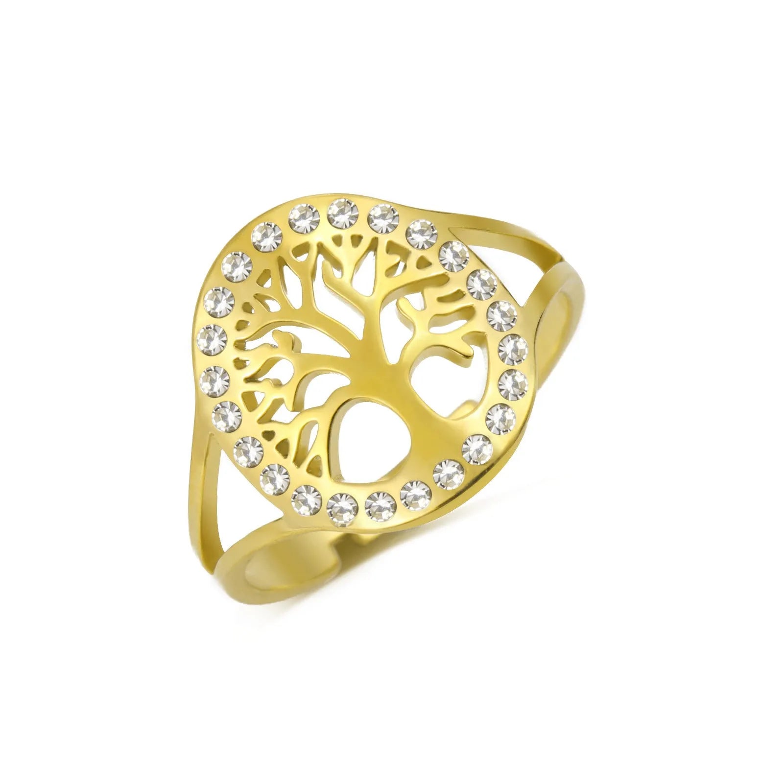 Hollow tree open ring stainless steel gold colour adjustable fit