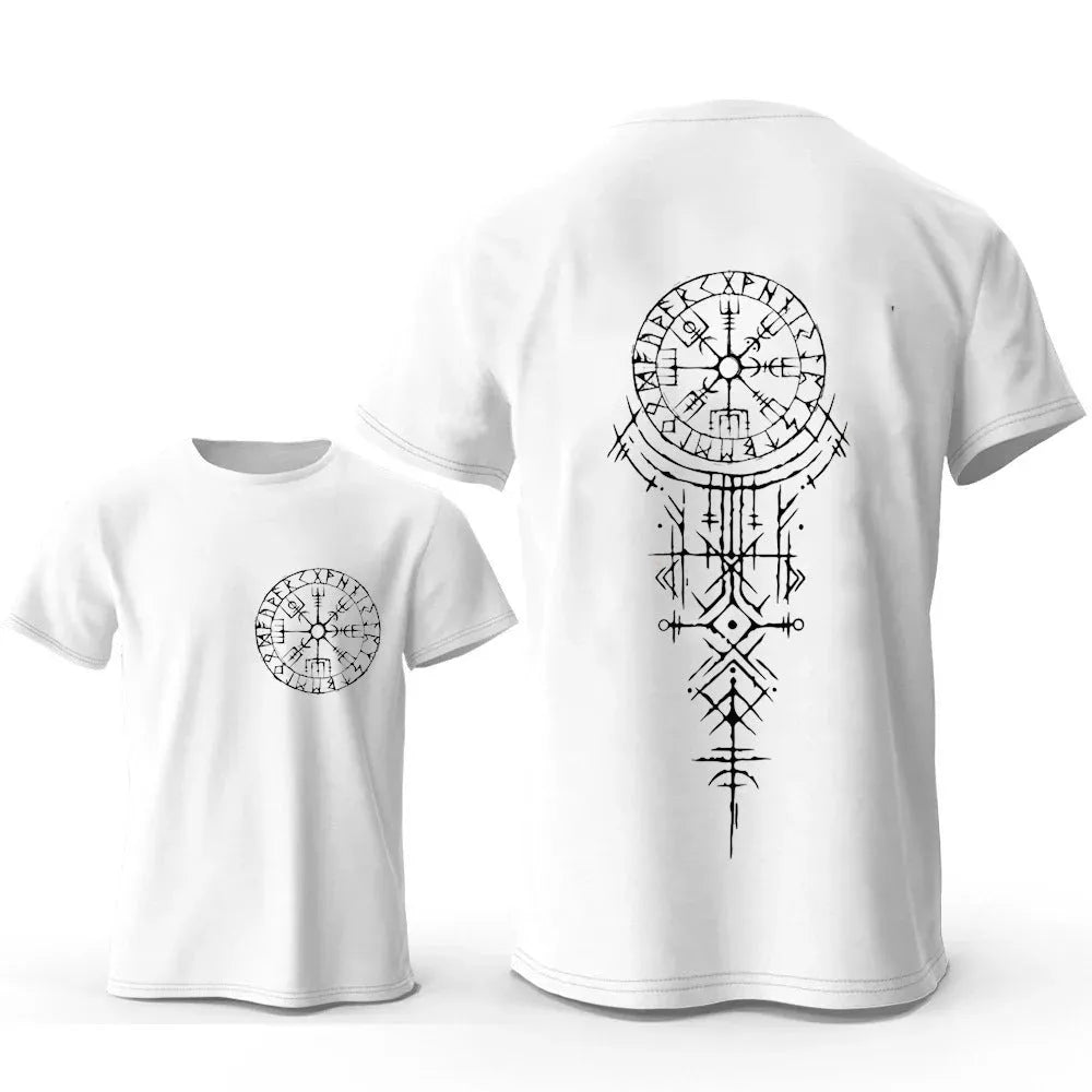 Front view of a men's pure cotton T-shirt featuring a detailed Viking rune compass graphic print.