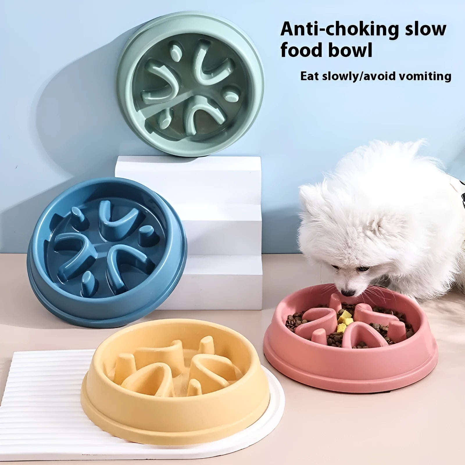 Slow food non-slip anti-tumble plastic pet bowl in blue circular section style