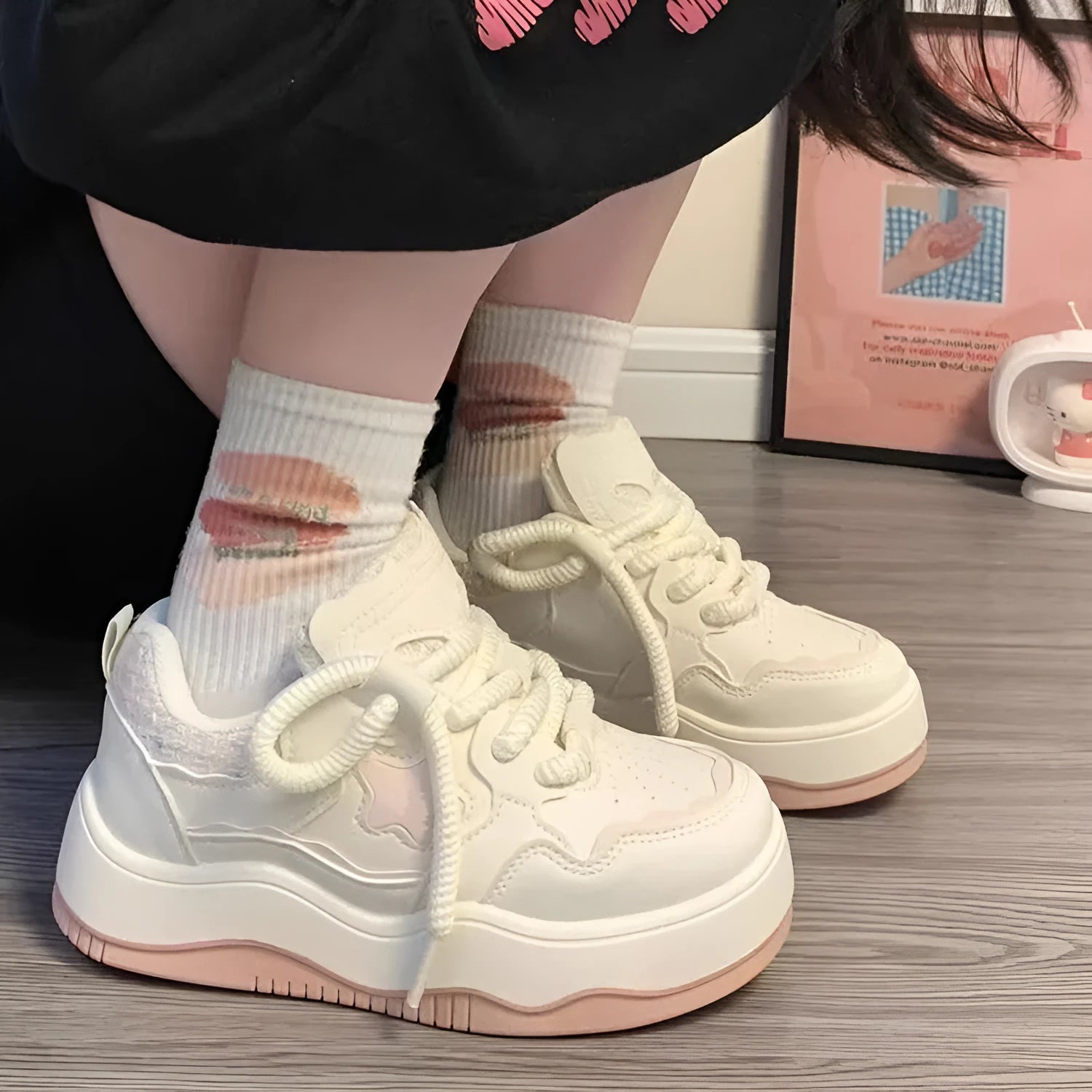 Women's green and pink patent leather platform sneakers with round toe and lace-up closure