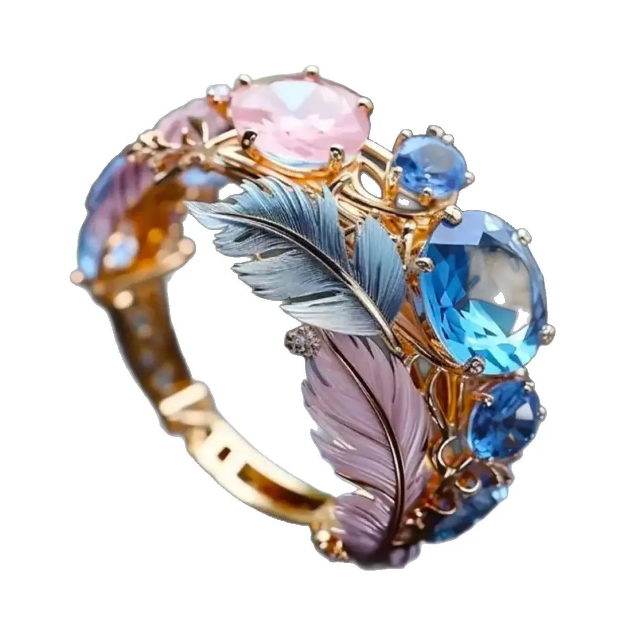 Gold colour brass ring with embossed feather design and sparkling zircon stone accents