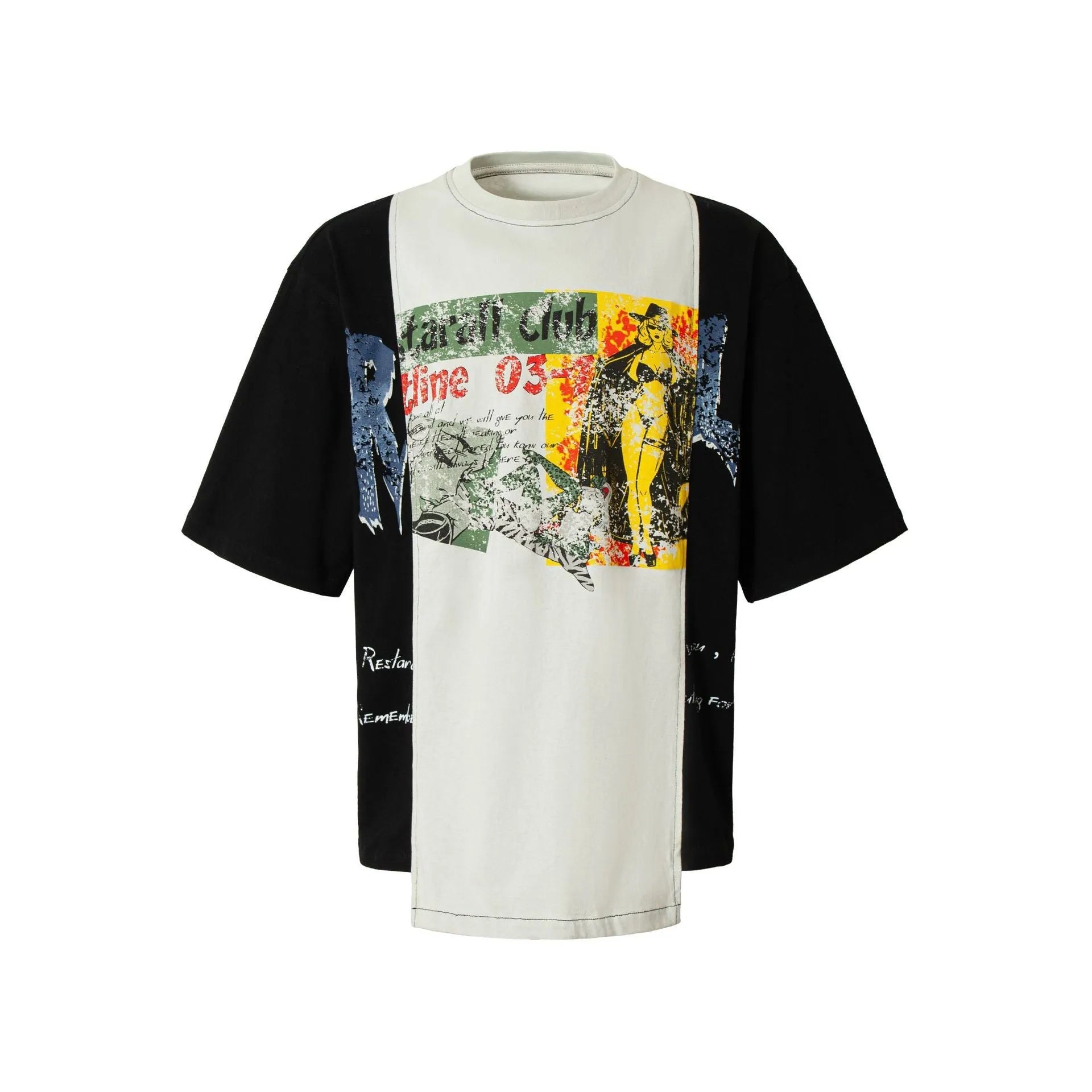 Black and white deconstruction printed loose fit cotton blend t-shirt on hanger.
