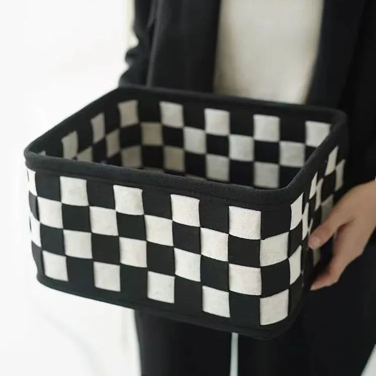 Checkerboard woven felt storage basket with folded sides showing rectangular 37x29x19.5cm dimensions
