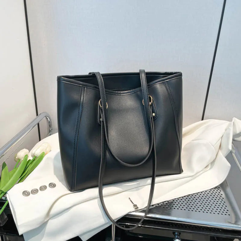 Women's contrast colour PU tote bag with horizontal square shape and large capacity in black, white, khaki, or brown