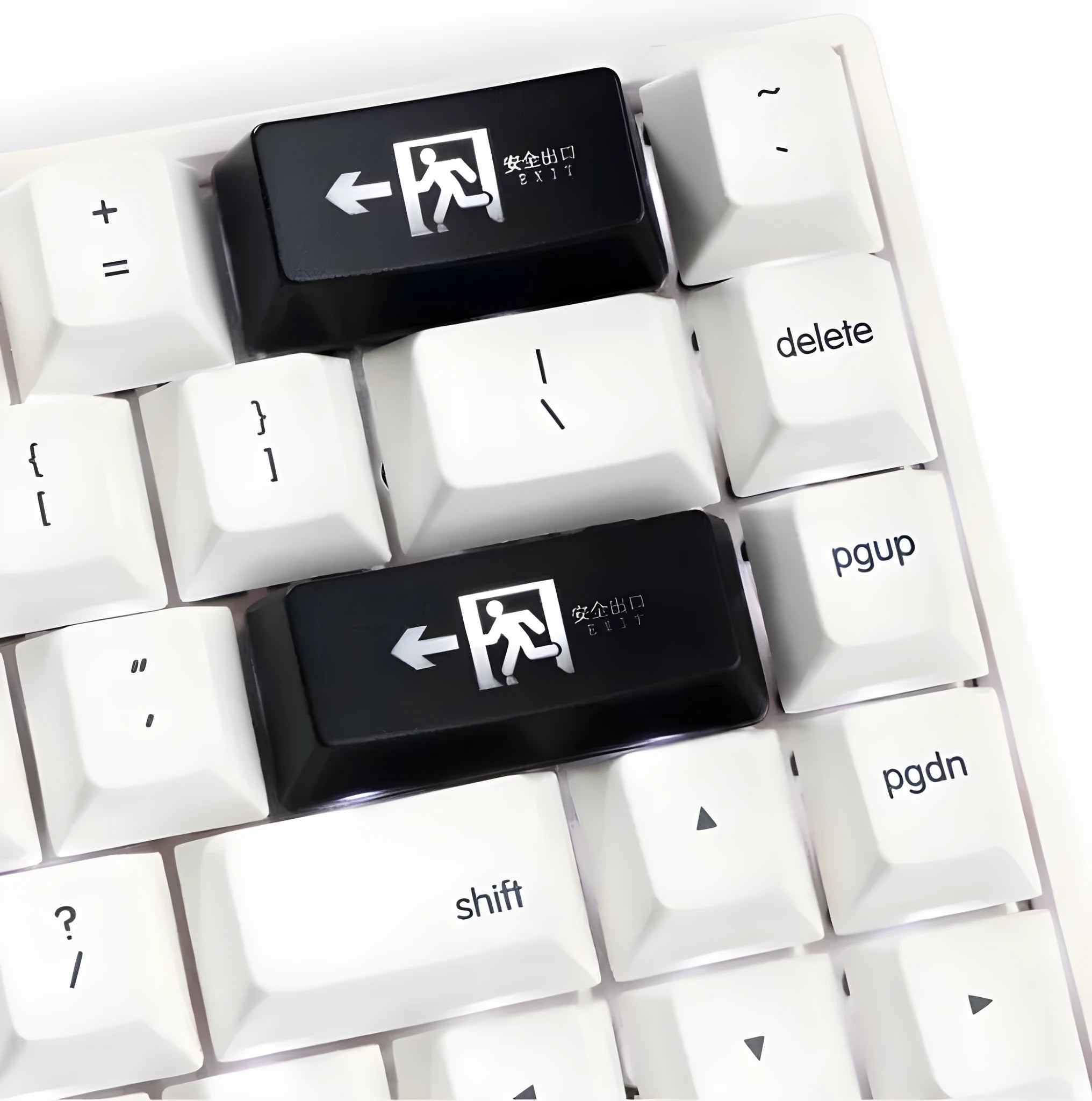 Safety evacuation exit key cap for mechanical keyboards in red and black colour options