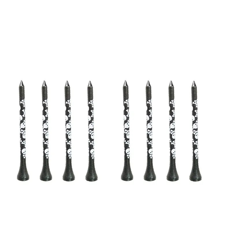 Pack of ten black bamboo golf spike dowel pins with skull print, showing 70mm and 83mm length options