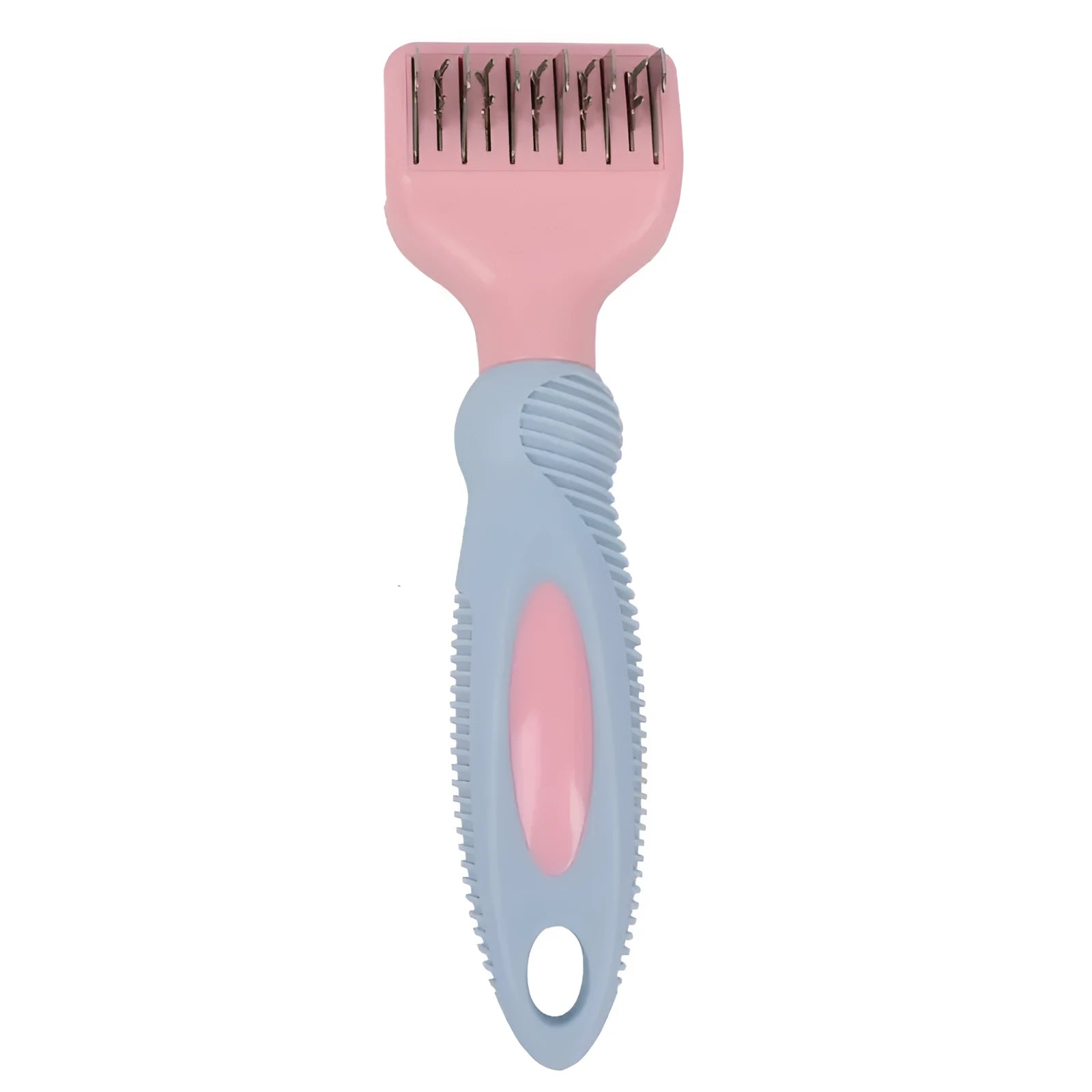 Pink stainless steel dog grooming comb with massage function and knot knife for pet fur care