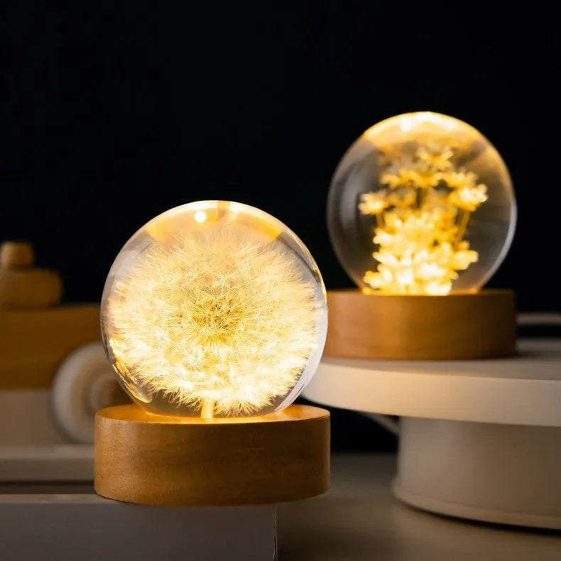 Luminous 3D dandelion crystal ball on beech wood stand with USB cable for desktop decoration