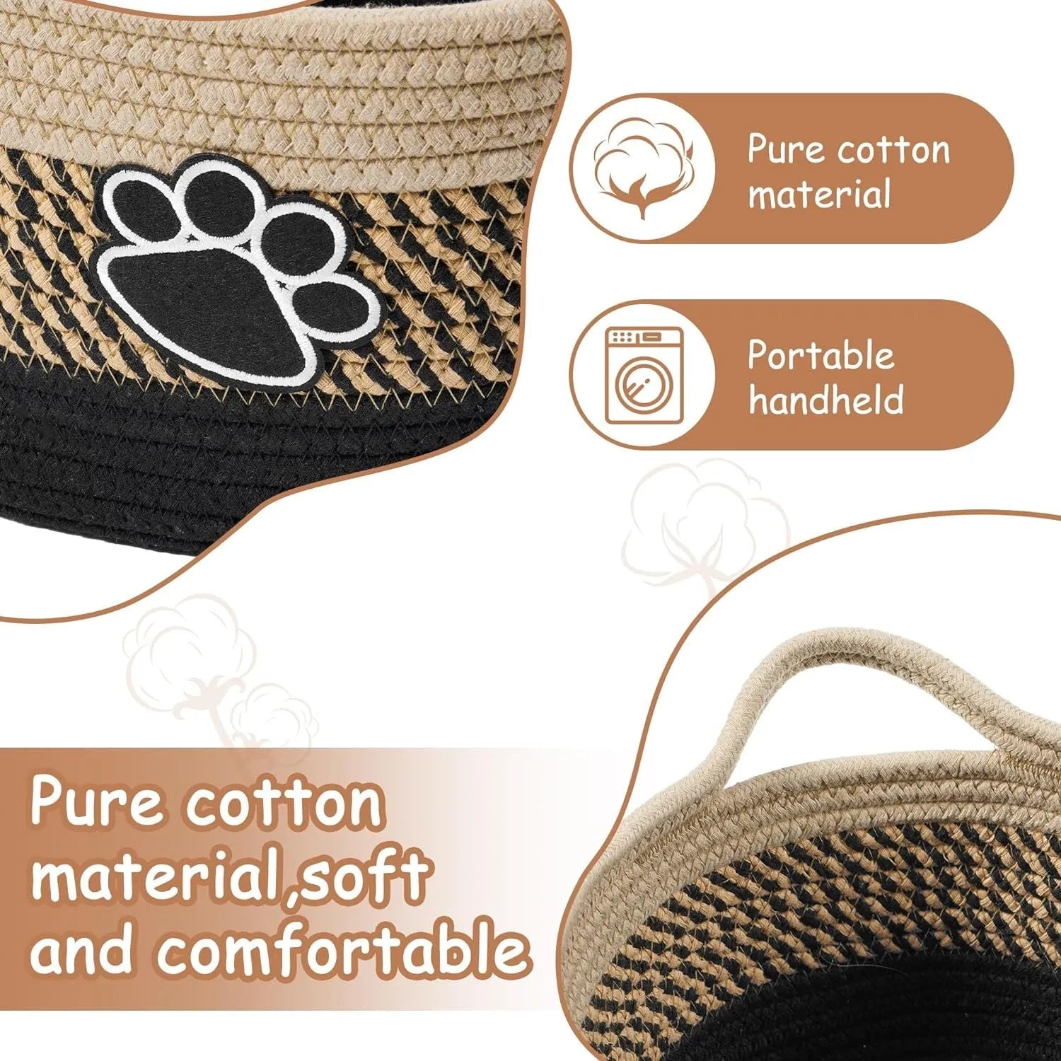 Light beige handmade woven cotton rope storage basket with handle on a wooden surface.
