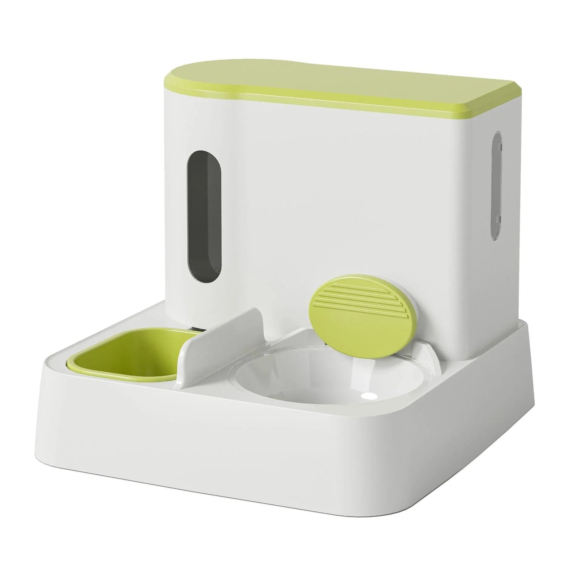 Grey automatic cat feeder and water dispenser unit with integrated double bowls
