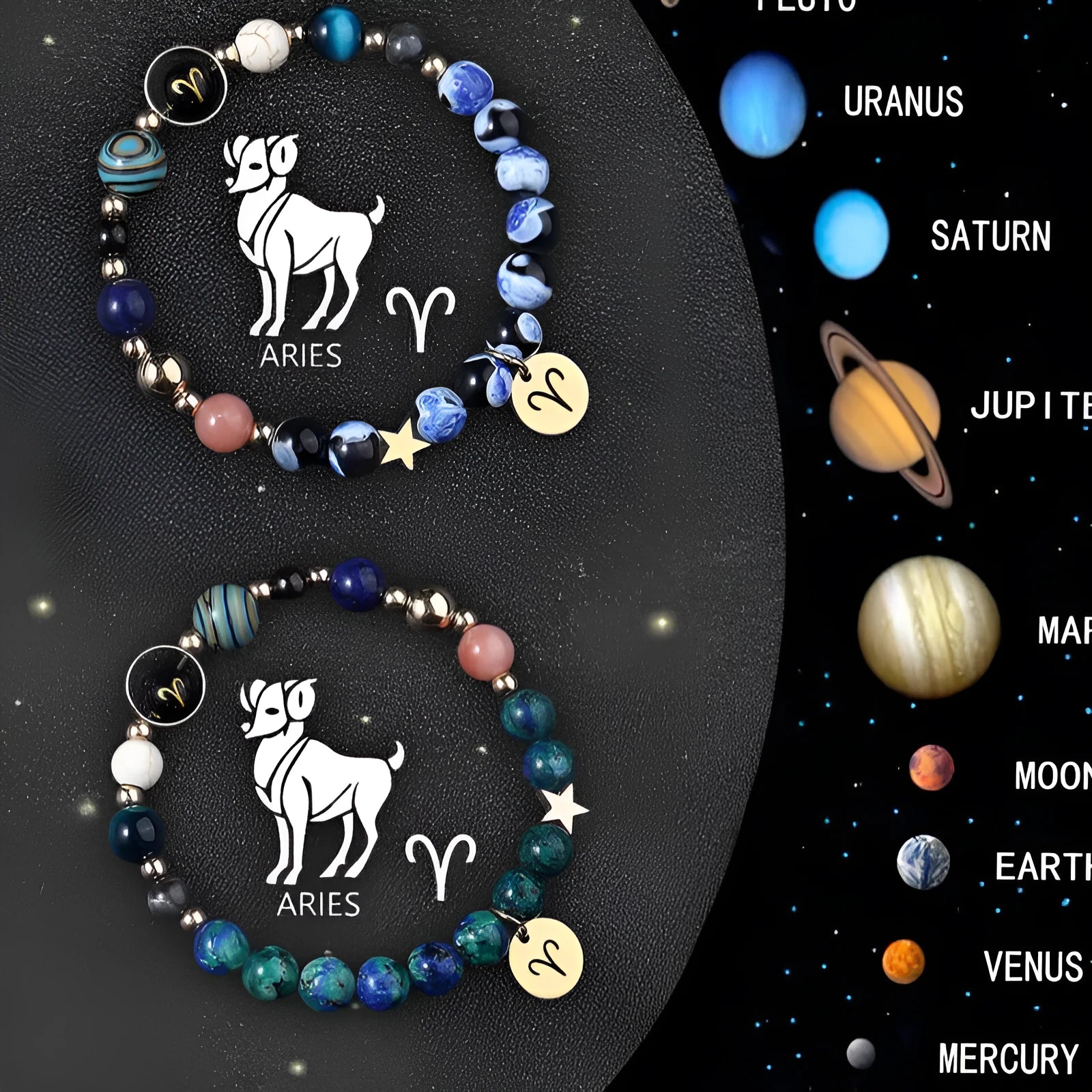 Two natural stone beaded bracelets displaying zodiac symbols on a textured background.
