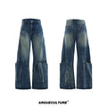Men's retro washed burst pattern jeans with curved knife details in verdant blue colour