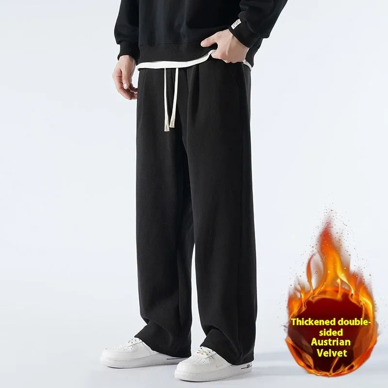 Men's apricot coloured double-sided polar fleece casual trousers with a loose fit and drawstring waist.
