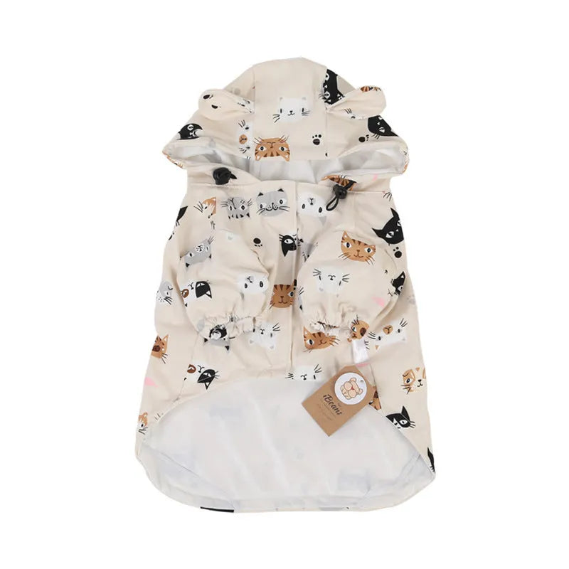Beige dog raincoat with cartoon design featuring double waterproof PU coating