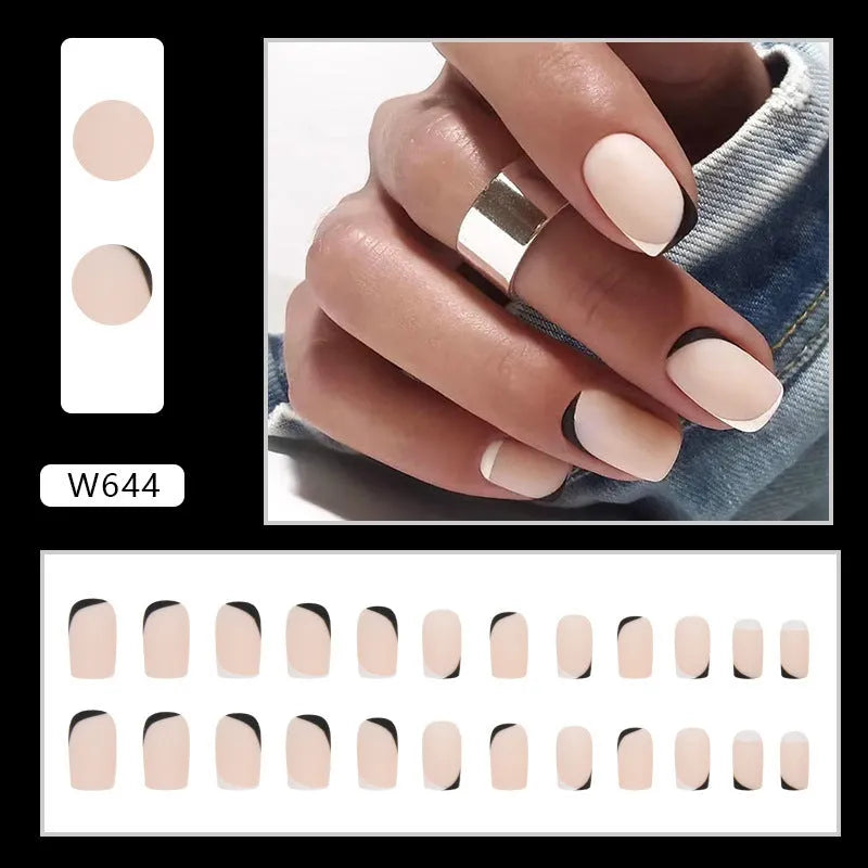 W644 black and white frosted press-on artificial nails with a double-piece mandarin duck design, 24 pieces.
